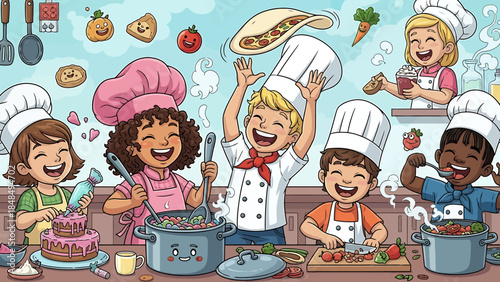 Joyful children in chef hats having fun baking and cooking a delicious meal together in a colorful kitchen classroom
