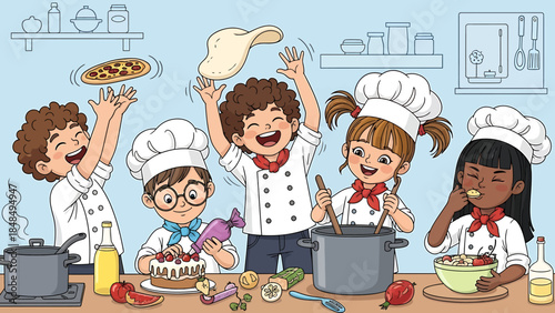 Young chefs playfully preparing delicious food in a vibrant kitchen classroom setting