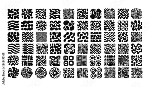 Collection of 64 Abstract Black Organic Shapes and Patterns on White Background Keywords: abstract, pattern, organic, shape, design, graphic, element, black, white, texture, background, modern
