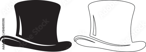 Black and white top hats in solid and line art styles side by side on