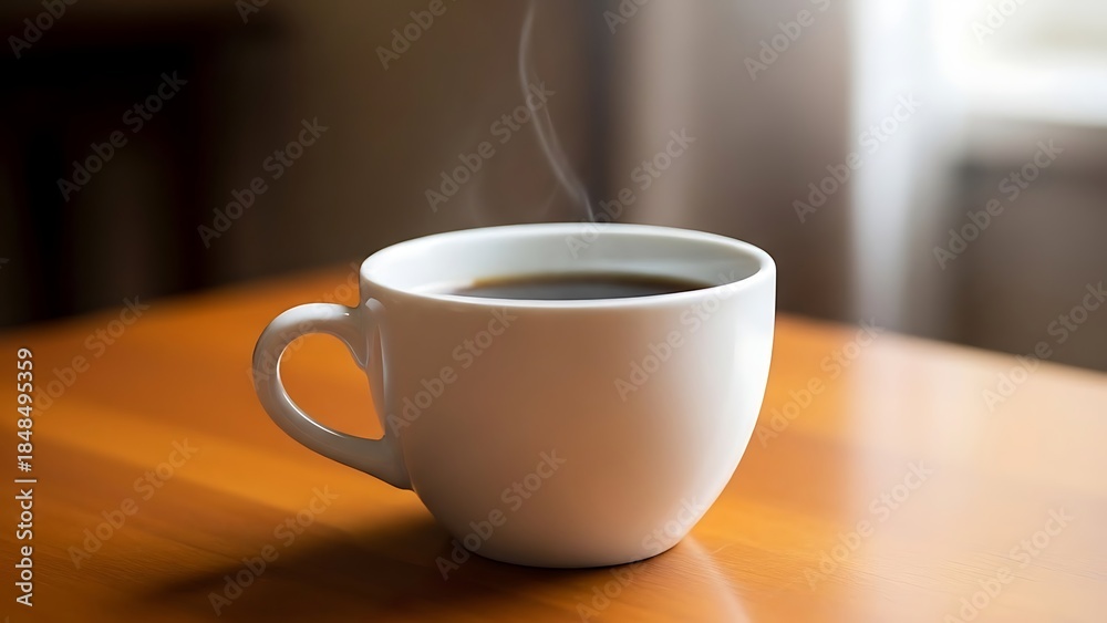 Obraz premium Steaming white coffee mug on wooden table