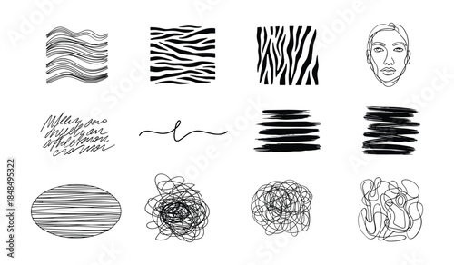 Twelve Black and White Abstract Line Art Elements and Patterns Keywords: abstract, line art, black, white, pattern, shape, drawing, illustration, graphic, design, element, icon, set, collection