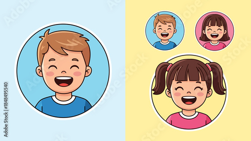 Cartoon Portrait Icons of Happy Boys and Girls in Circle Frames