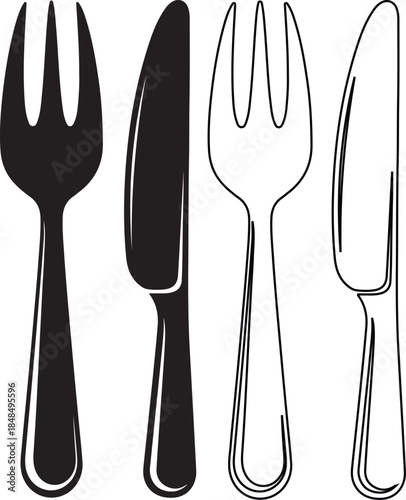 Black and white illustration of cutlery set with fork and knife