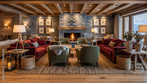 Luxury ski lodge lounge with cozy fireplace and rustic decor