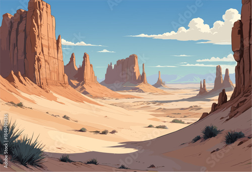 a vast desert canyon featuring towering red cliffs, sandy dunes, and a clear path leading towards the horizon under a blue sky with fluffy white clouds