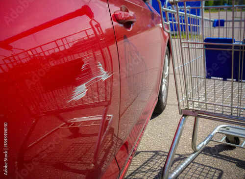 Parked red vehicle with paint damage done by shopping cart