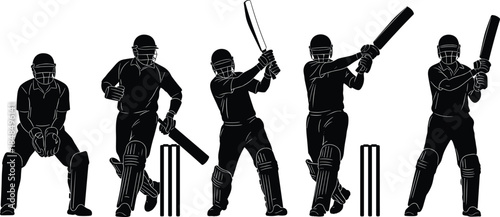 Silhouette illustration of five cricket players in action poses with bats, stumps, and protective gear for sports artwork