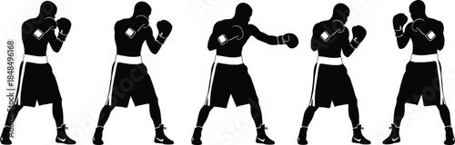 Silhouette illustration of five boxers in sequential stances demonstrating punches and defensive moves for training and sports artwork