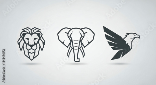 Dynamic Geometric Animal Head Logos Set Modern Vector Illustrations of a Powerful Lion, Majestic Elephant, and Soaring Eagle for Branding
