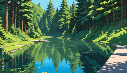 a serene forest featuring a calm river reflecting tall green pine trees, a stone path along the bank, and a bright blue sky, creating a peaceful summer atmosphere.