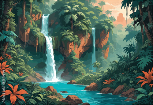 a lush tropical rainforest featuring cascading waterfalls dropping into a turquoise river, surrounded by palm trees, red rocky cliffs, and vibrant orange exotic flowers in the foreground