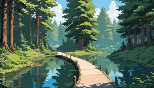a peaceful forest park featuring a curved stone bridge crossing a calm river, surrounded by towering pine trees and lush greenery under a bright blue summer sky