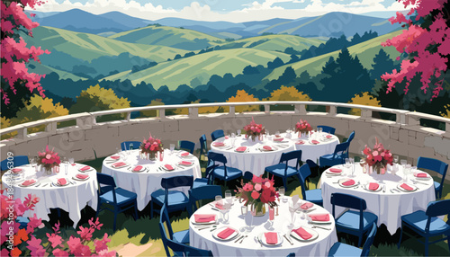 an elegant outdoor dining setup on a stone terrace featuring round tables with white tablecloths, blue chairs, and floral centerpieces, overlooking a lush green valley and mountains