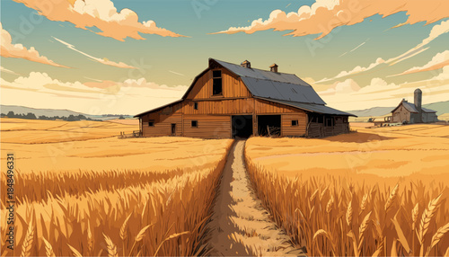 an expansive golden wheat field at sunset, featuring a rustic wooden barn with an open door, a dirt path leading to it, and a silo in the background under a cloudy sky