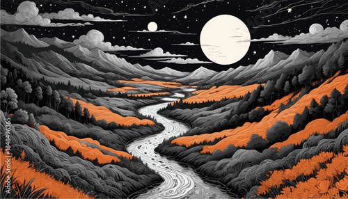 landscape illustration featuring a large full moon and starry night sky above a winding river, with stylized mountains and hills rendered in striking black, white, and vibrant orange tones