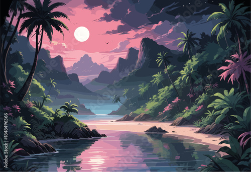 an enchanting tropical beach paradise at twilight, featuring silhouette palm trees, calm water reflecting a large full moon, and a vibrant pink and purple sky with stylized clouds