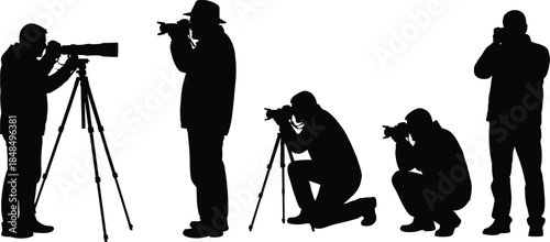 Silhouette illustration of five photographers using cameras with tripods and handheld setups, capturing images in varied postures