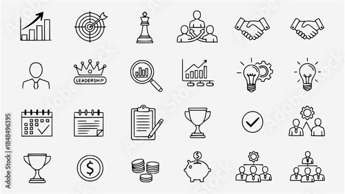 A comprehensive set of business and finance line icons representing strategy, success, growth, and teamwork concepts.