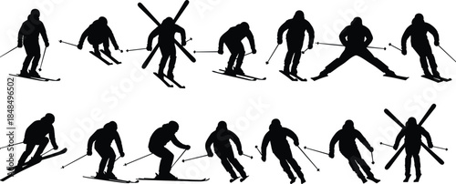 Silhouette illustration of twelve skiers demonstrating proper and improper skiing positions, instructional artwork for sports and training design