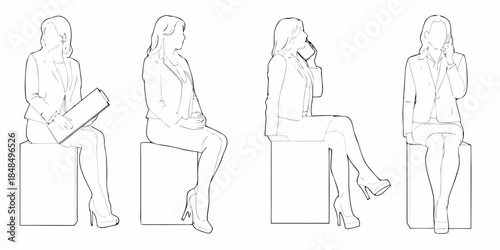 Four women in business attire sitting on minimalist cube shaped stools