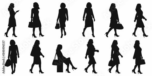 Silhouettes of fashionable women walking and posing in various outfits
