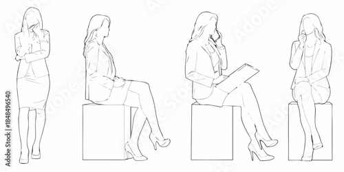 Line art illustrations of a woman in various seated and standing poses