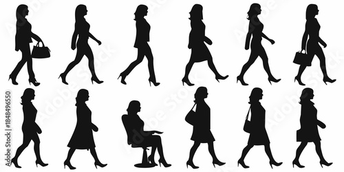 A collection of silhouettes depicting women walking and seated in various poses
