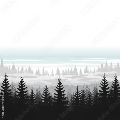 Misty forest landscape with silhouetted pine trees serene nature background for travel and outdoor themes vector illustration