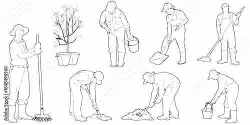 Line art illustration depicting farmers and gardening tools in various poses