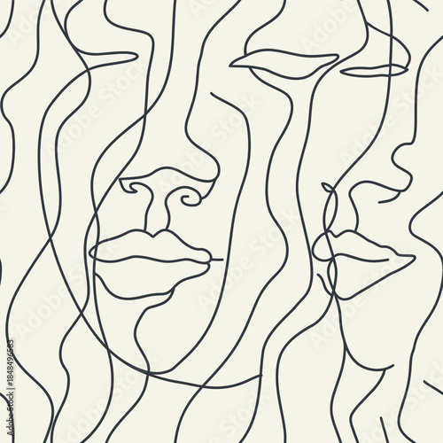 Abstract Female Faces Line Art Seamless Pattern with Minimal One Line Drawing