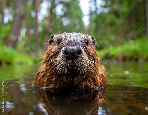 Wet, brown rodent peers from water, forested backdrop in soft focus