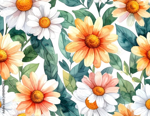 Watercolor floral pattern featuring daisies and leaves on white background