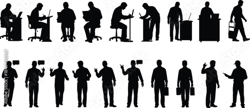Silhouette illustration of professionals in office and workplace activities including reading, writing, laptop use, meetings, and communication