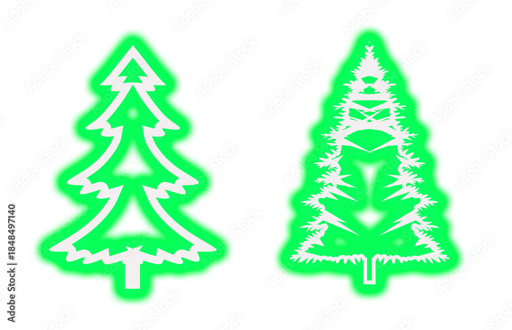 Fototapeta premium Two stylized neon green Christmas tree icons isolated on a black background perfect for holiday design