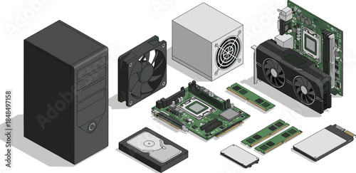 Isometric disassembled computer components vector set, featuring PC case, motherboard, GPU, RAM, power supply, and hard drive, for technology, IT, and engineering design.