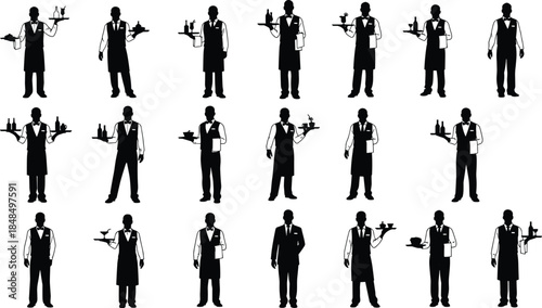 Silhouette illustration of eighteen waiters holding trays with food, drinks, and menus, formal attire design for hospitality artwork