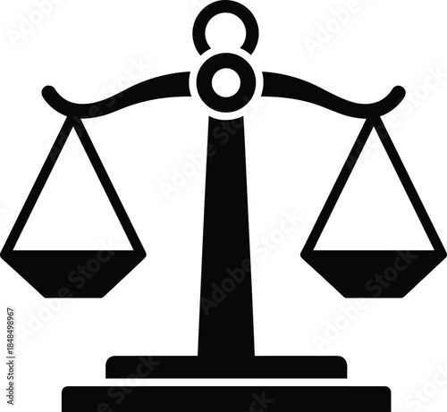 Justice balance scale black silhouette vector icon, symbolizing law, equality, court, judgment, lawyer, attorney, and legal firm professional graphic design.