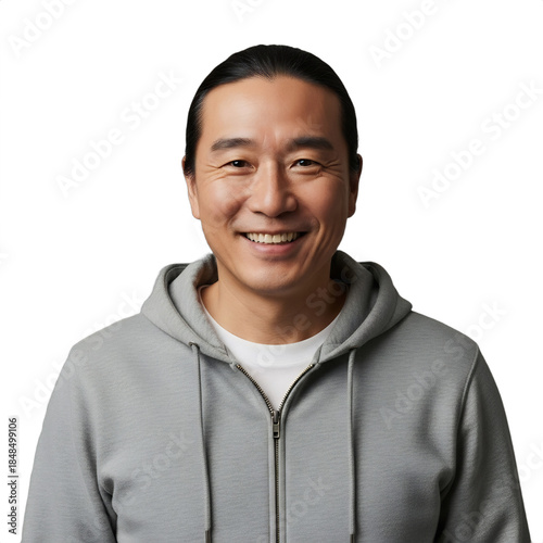 Smiling 50s East Asian man, grey hoodie, relaxed 'holiday break' expression. Perfect for retirement, wellness, finance, travel, lifestyle, or corporate communication. Professional studio portrait,