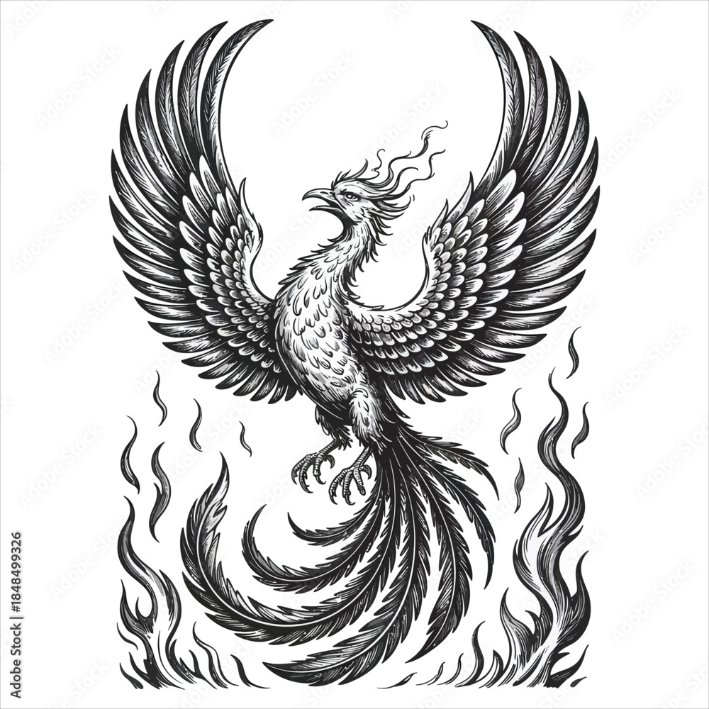 Obraz premium Majestic Phoenix Bird Silhouette Engraving Illustration for Identity and Brand Vector