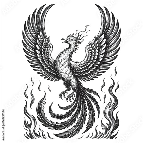 Majestic Phoenix Bird Silhouette Engraving Illustration for Identity and Brand Vector