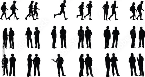 People silhouettes vector set, showing walking, running, hiking, and talking figures, suitable for sports, travel, outdoor activities, and business communication graphic design.