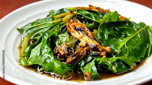Green leafy salad with crispy fried garnish on plate.