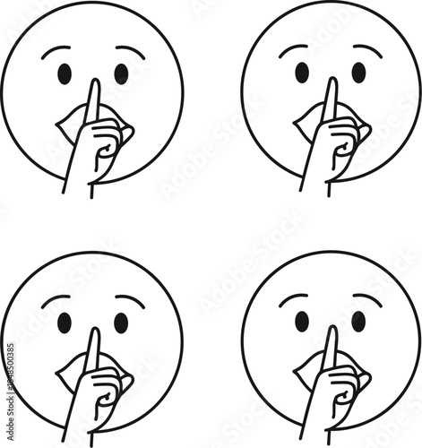 Shush gesture line art icon vector set, featuring face with finger on lips, symbolizing silence, secrecy, quietness, and confidential information graphic design.
