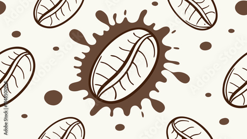 Seamless pattern of roasted coffee beans with brown liquid splashes