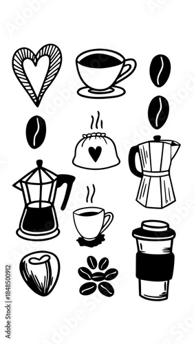 Set of coffee line art icons with cups, moka pot, and beans isolated on white