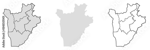 Burundi map showing regional boundaries and country outline presented in three clean styles. Useful for geography, cartography, location reference, education, government projects.
