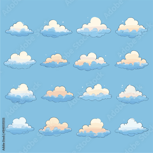 Set of stylized comic-style cloud illustrations featuring fluffy cumulus clouds with soft peach and pink sunset highlights, arranged on a blue sky background, perfect for weather icons or game assets