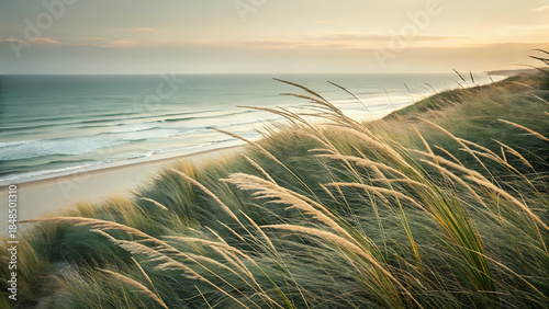 sunset on the beach, Beach grass moving in wind with soft ocean background, calm nature texture