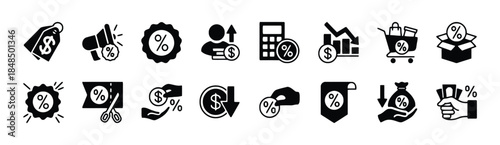 Discount and sale black glyph icons set on white background